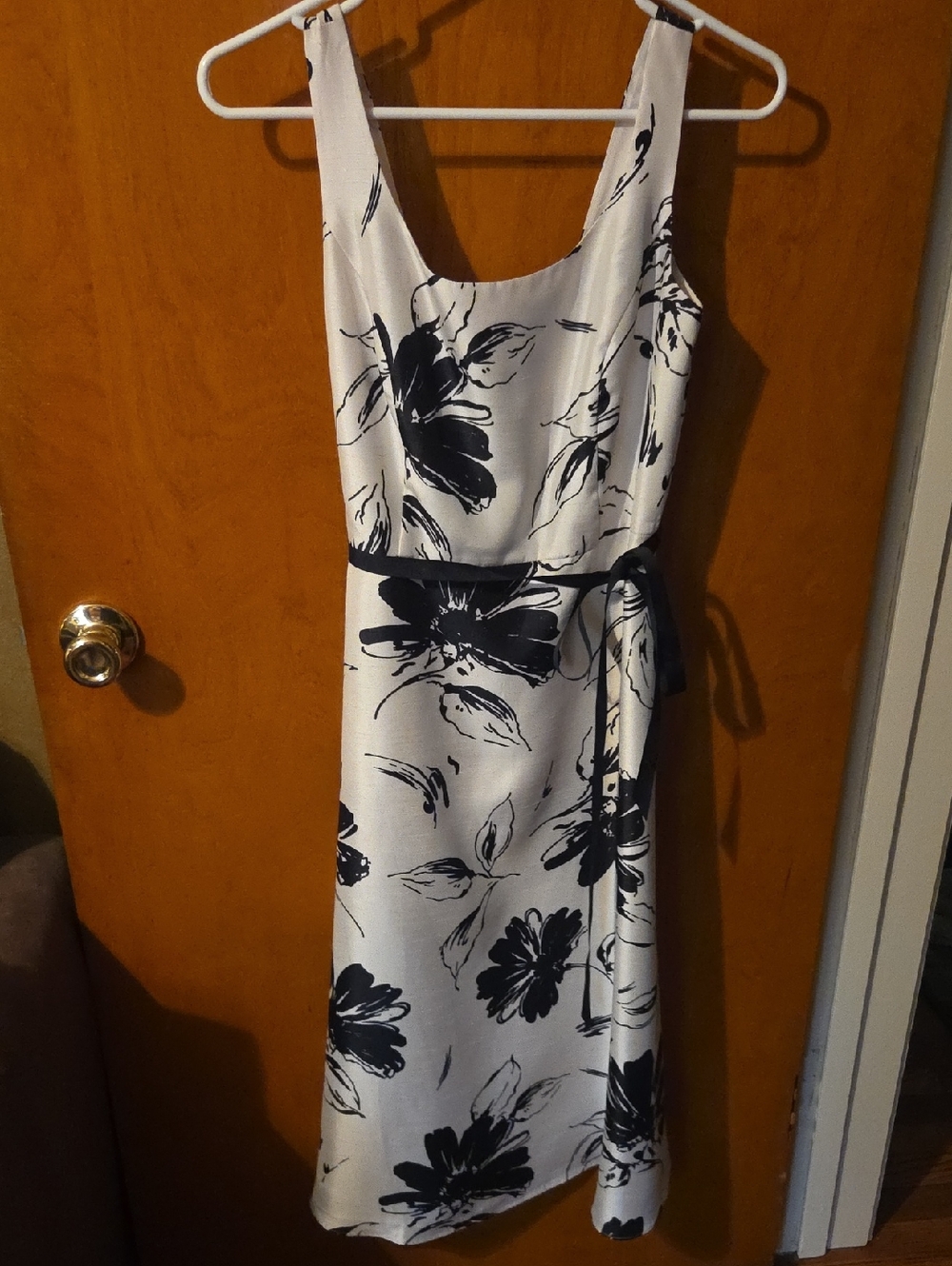 Coldwater Creek White Midi Dress with Black Floral Print and Tie